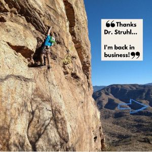 Man climbing the mountain with quote &quot;Thanks Dr. Struhl.. I&#039;m back in business!&quot;