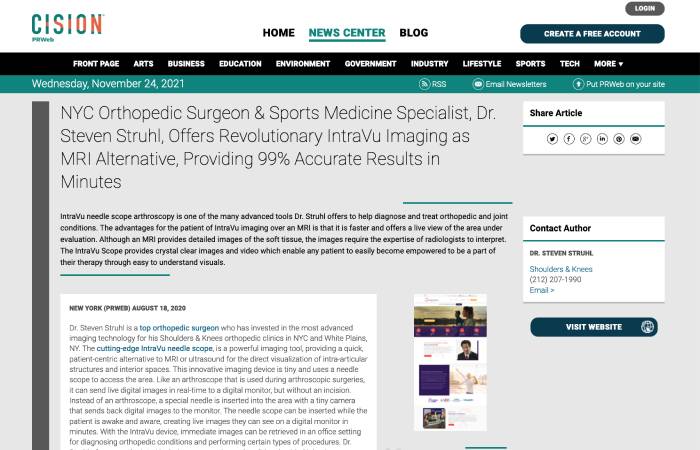 Screenshot of an article titled 
NYC Orthopedic Surgeon & Sports Medicine Specialist, Dr. Steven Struhl, Offers Revolutionary IntraVu Imaging as MRI Alternative, Providing 99% Accurate Results in Minutes