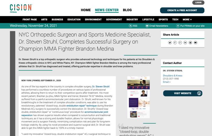 Screenshot of an article titled NYC Orthopedic Surgeon and Sports Medicine Specialist, Dr. Steven Struhl, Completes Successful Surgery on Champion MMA Fighter Brandon Medina