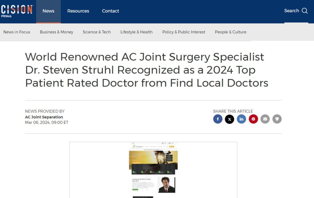 screnshot of the article titled: World Renowned AC Joint Surgery Specialist Dr. Steven Struhl Recognized as a 2024 Top Patient Rated Doctor from Find Local Doctors