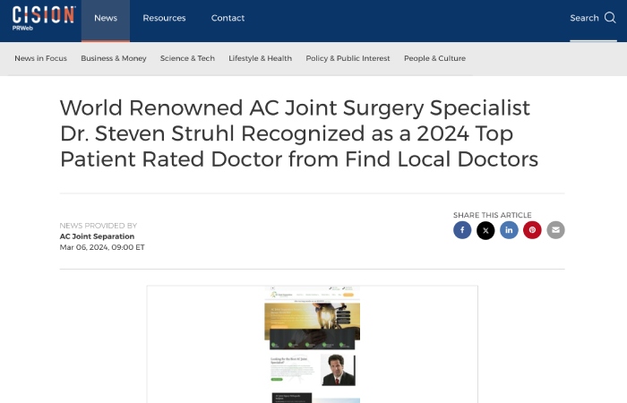 screnshot of the article titled: World Renowned AC Joint Surgery Specialist Dr. Steven Struhl Recognized as a 2024 Top Patient Rated Doctor from Find Local Doctors